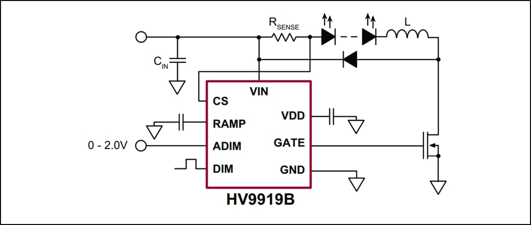 Application Circuit Diagram - Microchip Technology HV9919 High Brightness LED Driver