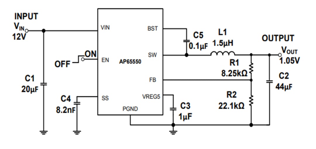 Application Circuit Diagram - Diodes Incorporated AP65550 Adaptive COT Step-down Converter