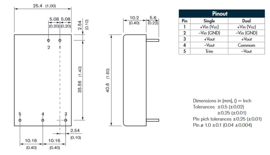 Mechanical Drawing - TRACO Power THM-20WI Series DC/DC Converters