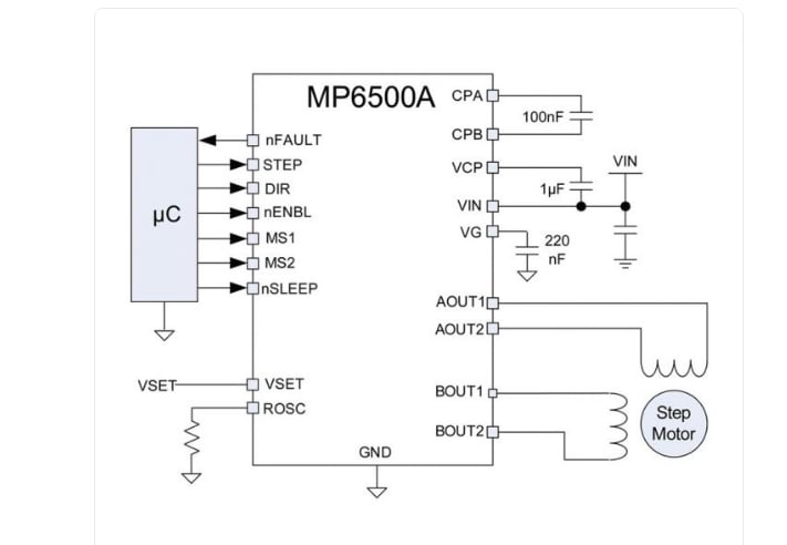Application Circuit Diagram - Monolithic Power Systems (MPS) MP6500A 35V, 2.5A Stepper Motor Driver