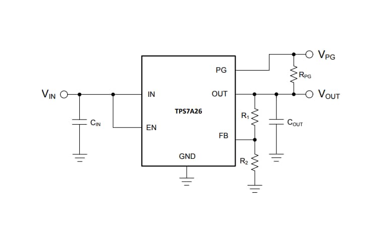 Application Circuit Diagram - Texas Instruments TPS7A26 LDO Linear Voltage Regulators