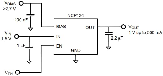 Application Circuit Diagram - onsemi NCP134 500mA VLDO Regulators