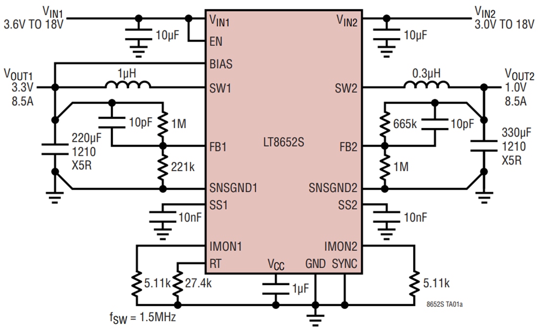 Schéma du circuit d'application - Analog Devices Inc. Régulateurs abaisseurs Silent Switcher® LT8652S  