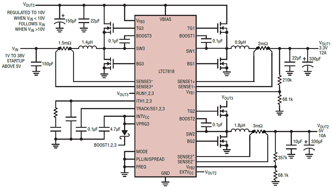 Schéma du circuit d'application - Analog Devices Inc. Contrôleur synchrone à triple sortie LTC7818