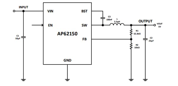 Schéma du circuit d'application - Diodes Incorporated Convertisseur Buck synchrone AP62150