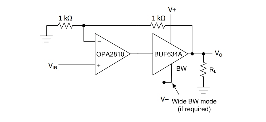 Schéma du circuit d'application - Texas Instruments Tampons haute vitesse 36 V BUF634A