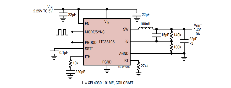 Schéma du circuit d'application - Analog Devices Inc. Abaisseur synchrone Silent Switcher® 2 LTC3310S
