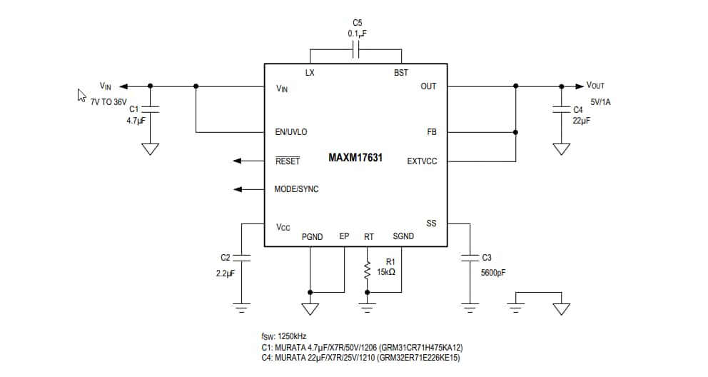 Schéma du circuit d'application - Analog Devices Inc. Modules d'alimentation MAXM17630, MAXM17631 et MAXM17632