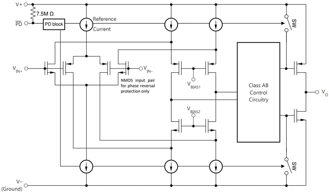 Schéma de principe - Texas Instruments Amplificateurs opérationnels CMOS OPAx607/OPAx607-Q1