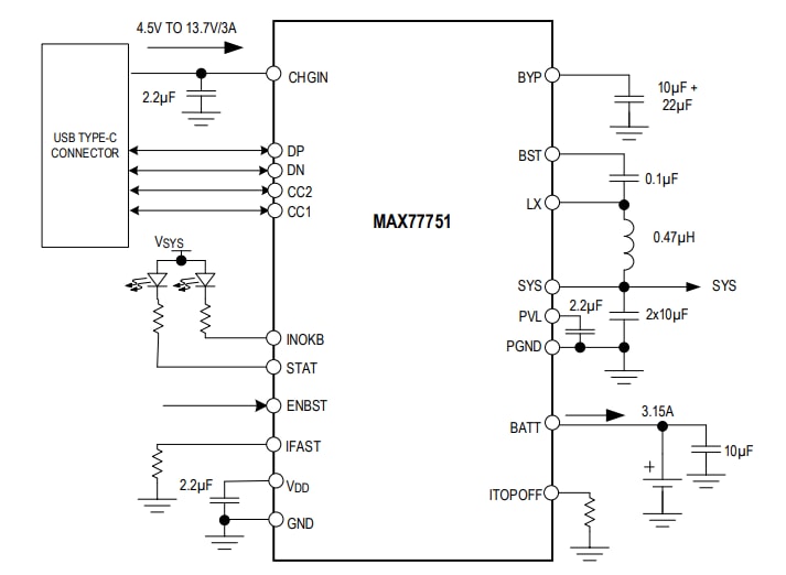 Schéma de principe - Analog Devices Inc. Chargeur autonome USB-C 3,15 A MAX77751