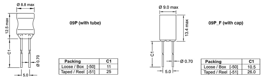 Mechanical Drawing - Fastron 09P/09P_F (Pin Type Coils) Plugable Inductors