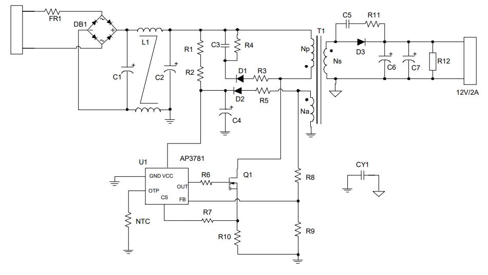 Schéma du circuit d'application - Diodes Incorporated Contrôleur d’alimentation CA-CC AP3781