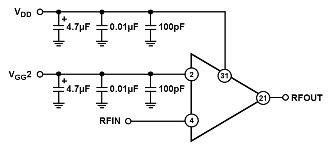 Schéma du circuit d'application - Analog Devices Inc. LNA autopolarisé ADL9006 (2-28 GHz)