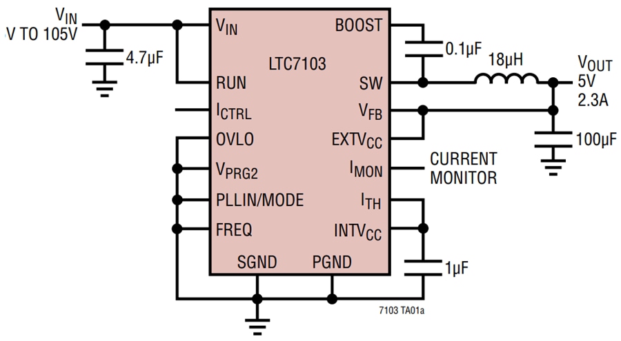 Schéma du circuit d'application - Analog Devices Inc. Régulateur abaisseur synchrone à faible EMI LTC7103