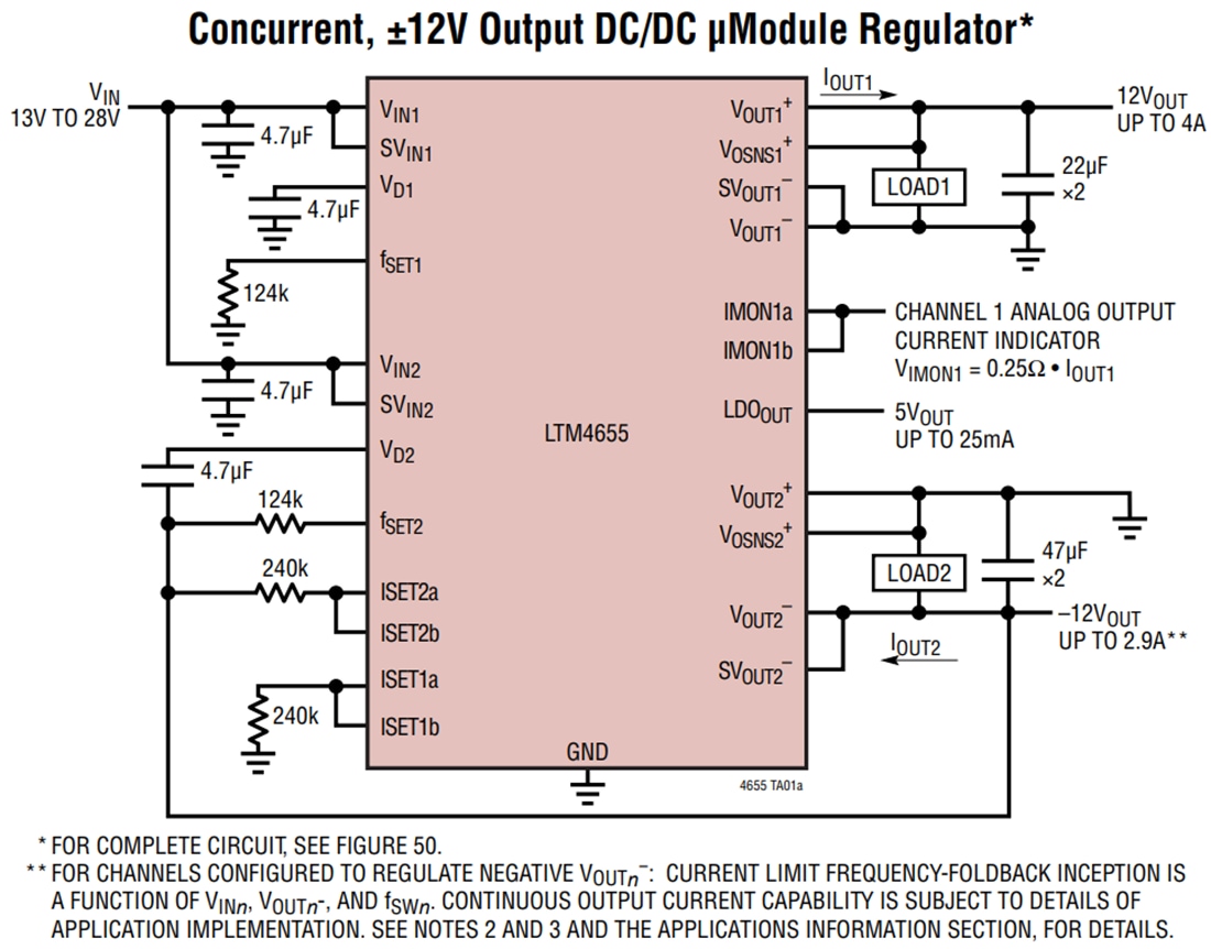 Schéma du circuit d'application - Analog Devices Inc. Régulateur μModule® inverseur simple/double LTM4655