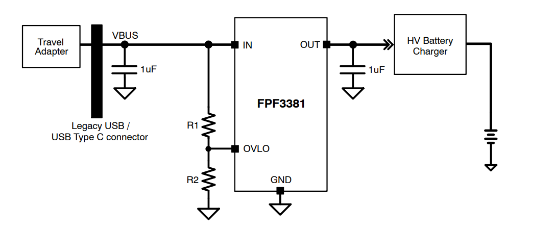Schéma du circuit d'application - onsemi Commutateur de charge de protection contre les surtensions FPF3381