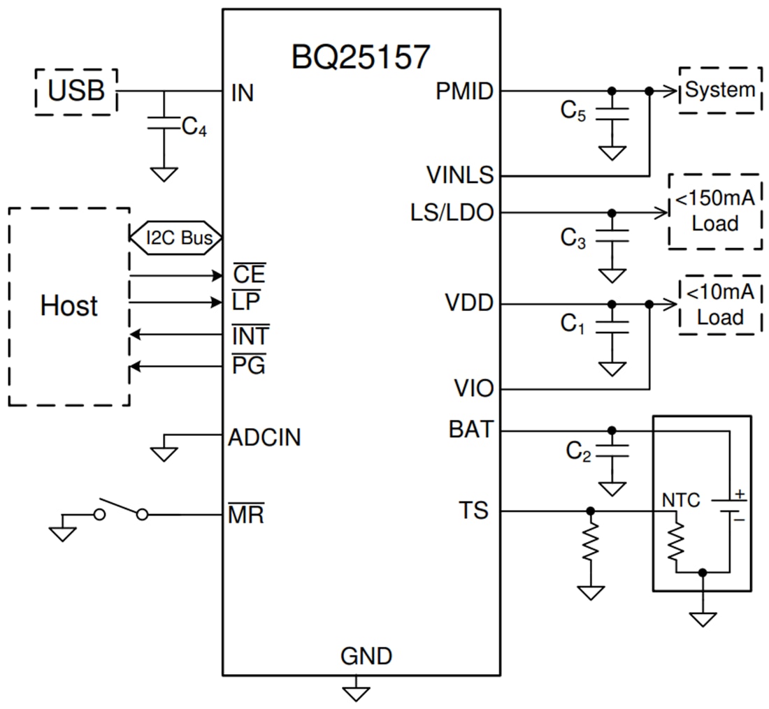 Schéma - Texas Instruments Chargeur de batterie linéaire à 1 cellule bq25157