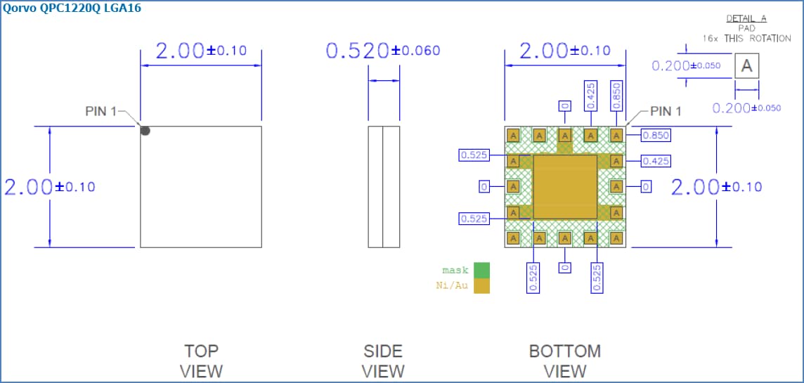 Plan mécanique - Qorvo Commutateur de routage bipolaire quadridirectionnel (DP4T) large bande QPC1220Q