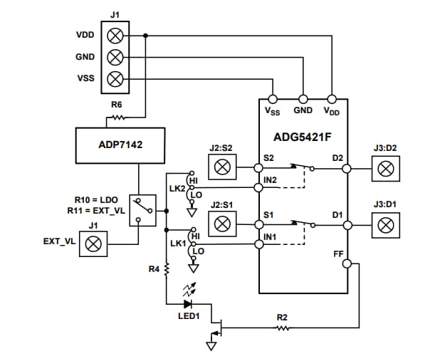 Schéma de principe - Analog Devices Inc. Carte d'évaluation EVAL-ADG5421FEBZ