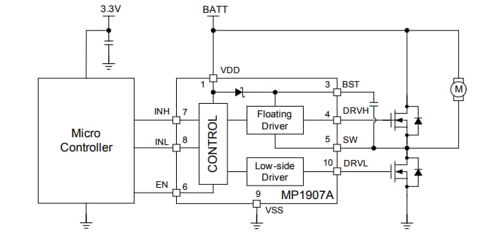Application Circuit Diagram - Monolithic Power Systems (MPS) MP1907A High Frequency Half-bridge Gate Drivers