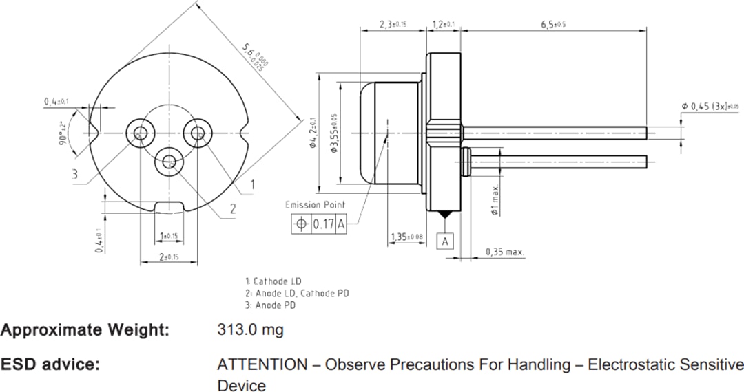 Plan mécanique - ams OSRAM Diode laser verte Metal Can® TO56 PLT5 522FA_P