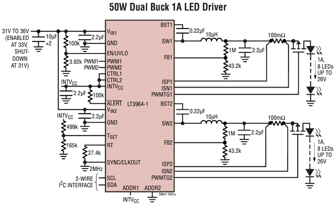 Schéma du circuit d'application - Analog Devices Inc. Pilote à LED buck synchrone 2 A LT3964-1