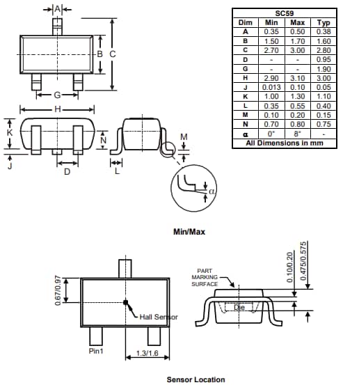 Plan mécanique - Diodes Incorporated Capteur à effet hall AH49FQ