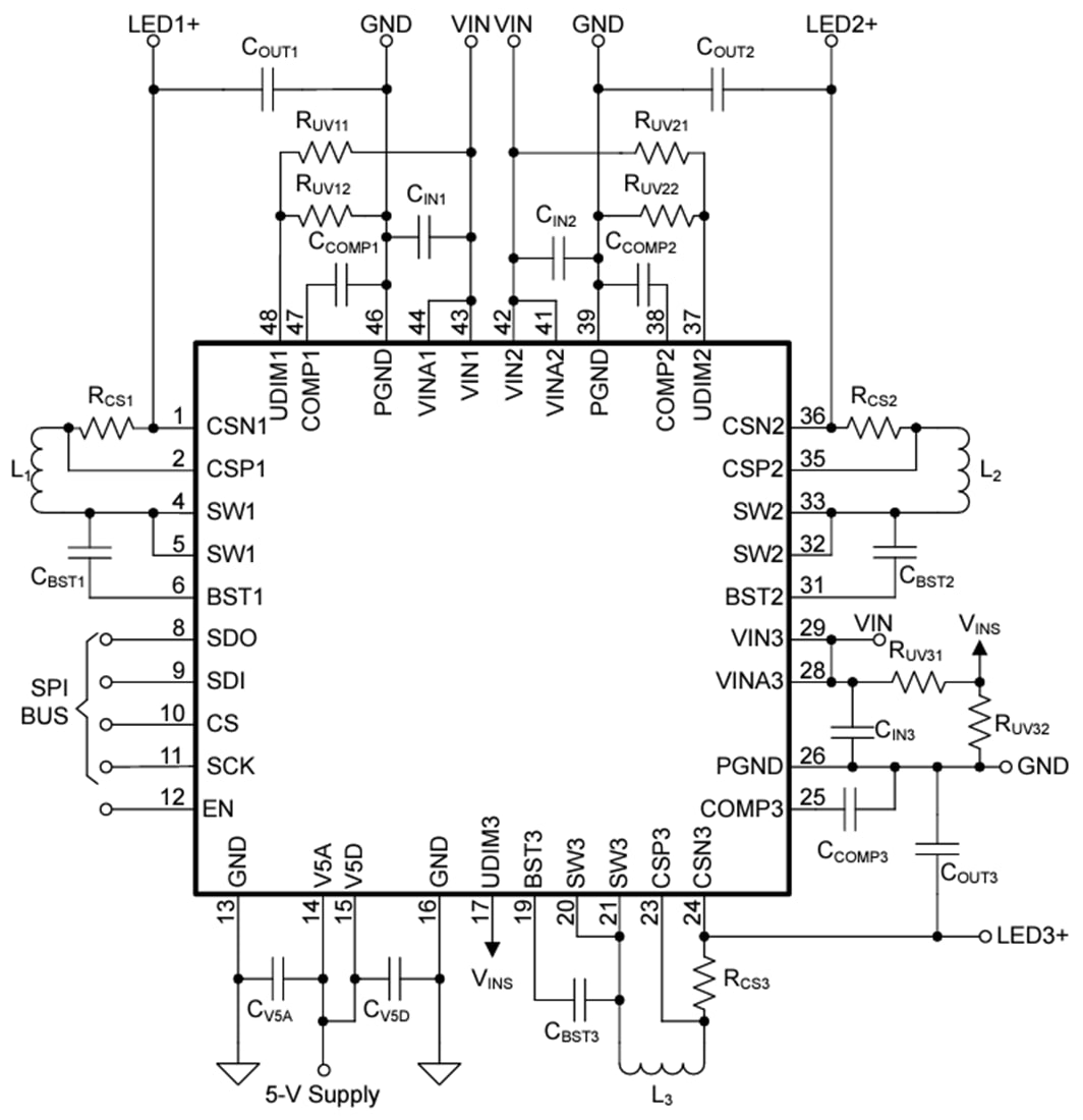 Schéma - Texas Instruments Pilote LED Buck synchrone à 3 canaux TPS92530-Q1