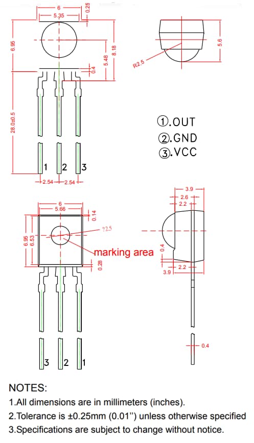Mechanical Drawing - American Bright LED BRM-2508 Infrared Receiver Module
