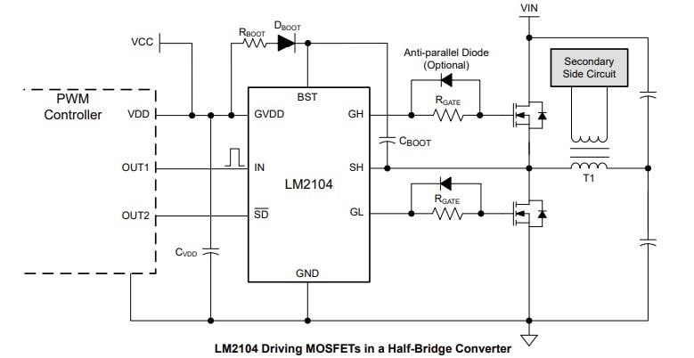 Schéma du circuit d'application - Texas Instruments Pilote de grille à demi-pont LM2104