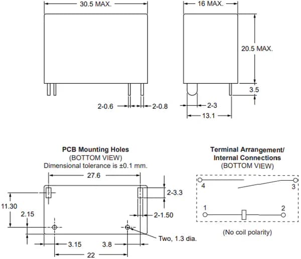Plan mécanique - Omron Electronics Relais de puissance pour circuits imprimés (PCB) G6QG