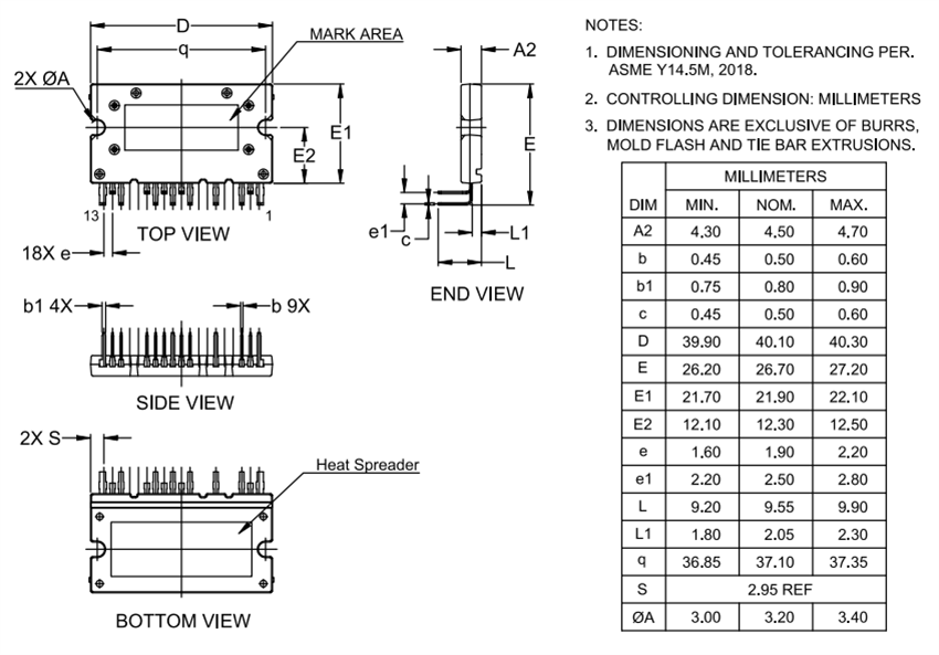 Plan mécanique - onsemi MOSFET de puissance pont en H EliteSiC 650 V NXVF6532M3TG01