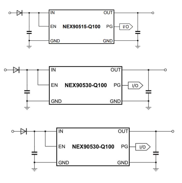 Schéma du circuit d'application - Nexperia Régulateurs de tension LDO NEX9x 40 V