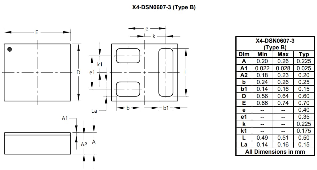 Plan mécanique - Diodes Incorporated MOSFET à mode d'amélioration à canal N DMN1057UCA3