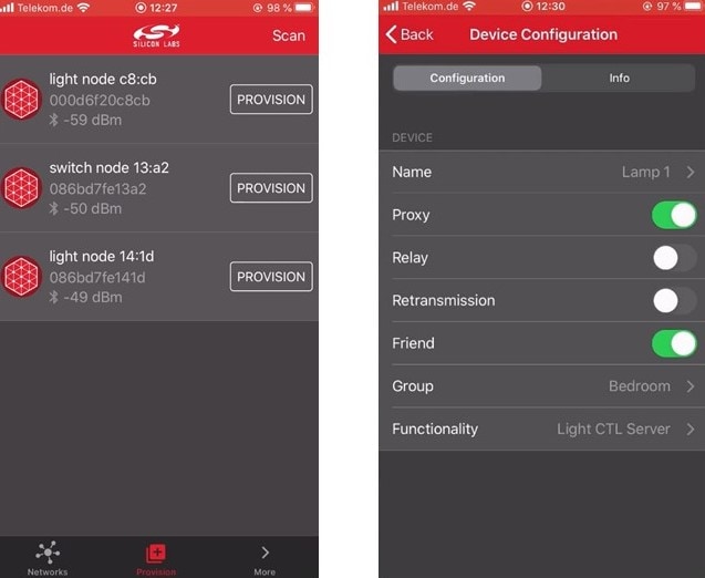 screen of provisioning and configuring a light node on the Bluetooth mesh smartphone app