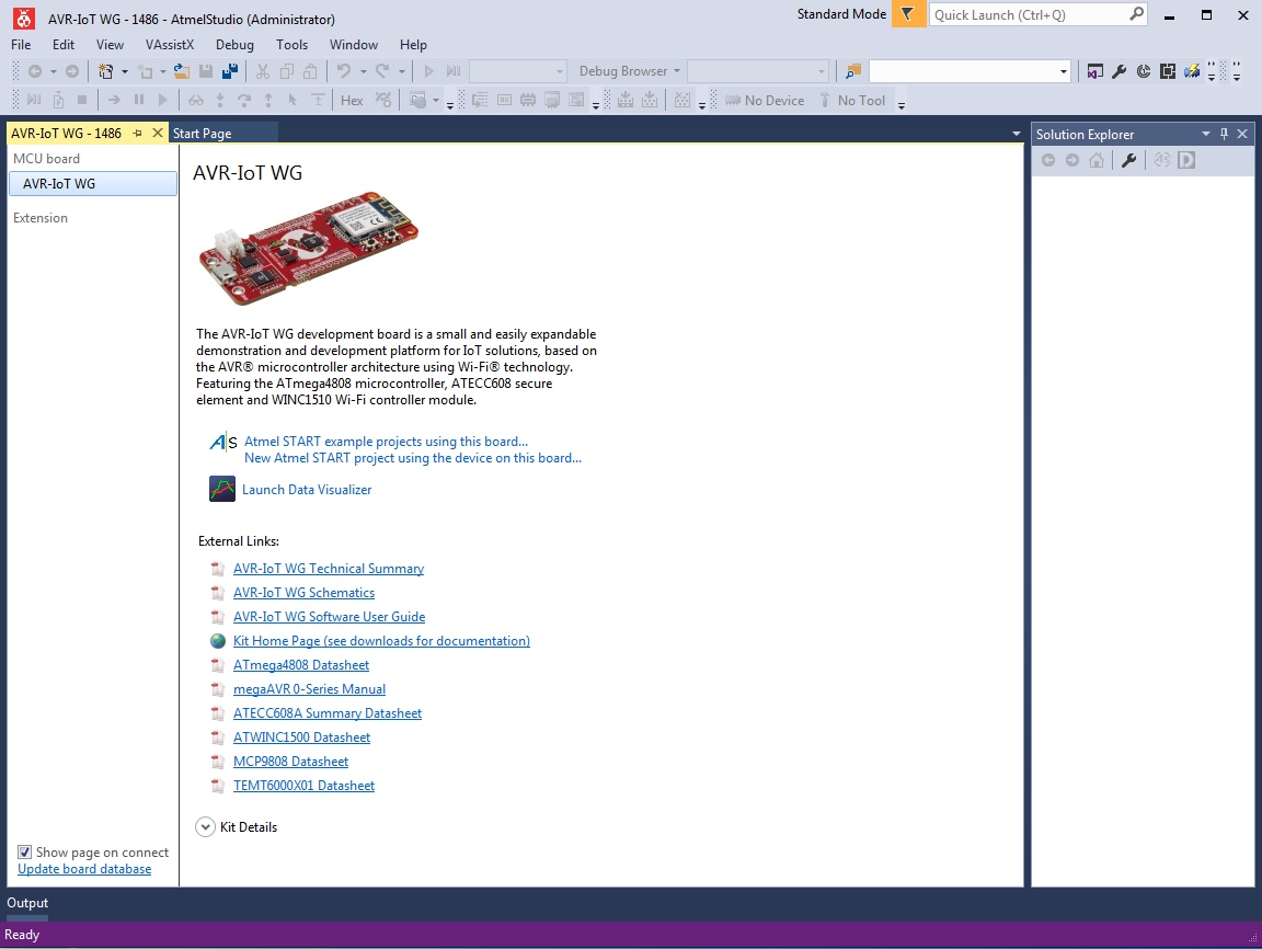 Screen capture showing the AVR-IoT WG Page after Updating the Board Database and Reconnecting the Board