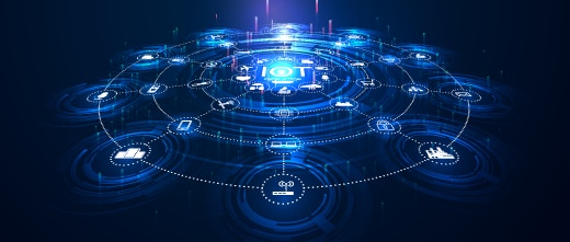 landing page IoT. Internet of things devices and connectivity concepts on a network. Spider web of network connections with on a futuristic blue background. IOT icons