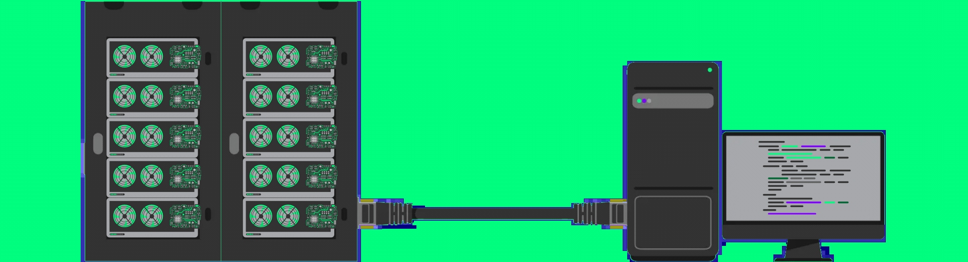 A computer connecting to a automation rig that is being populated by ten individual FPGA cards.